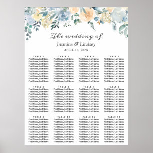 Elegant Vanilla Blue Blommigt Bröllop Sittdiagram Poster
