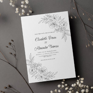 Elegant, vanlig svartvit blommigt bröllop inbjudningar