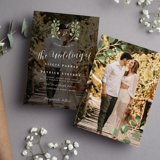 Elegant vapensköld monogram fotoöverlägg bröllop inbjudningar (Skapare uppladdad)