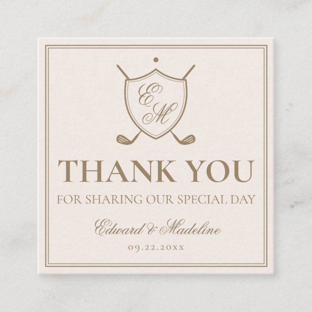 Elegant Vapensköld Monogram Golf Wedding Favor Mär Fyrkantigt Visitkort (Framsida)