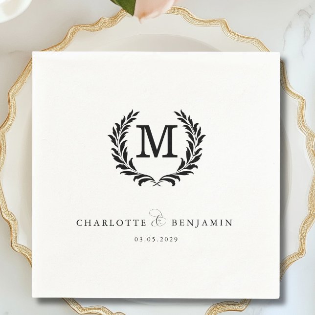 Elegant Vapensköld Monogram White Bröllop Pappersservett (Elegant Crest Monogram White Wedding Foil Napkins)