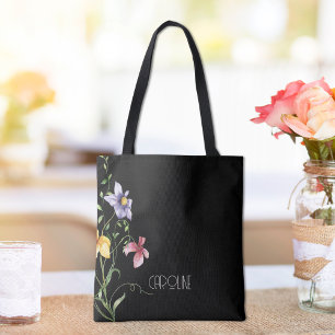 Elegant Vår Black Blommigt Boho Cute Tote Bag Tygkasse
