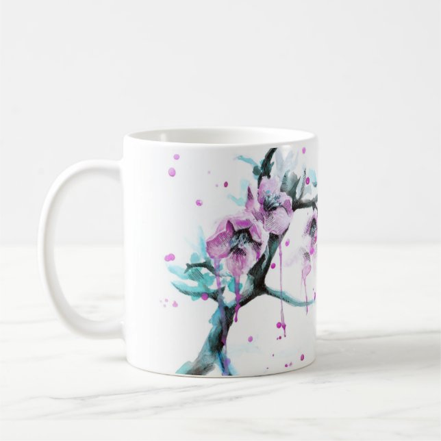 Elegant Vår blommar Rosa blommigt Vattenfärgkonst Kaffemugg (Vänster)