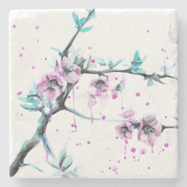 Elegant Vår blommar Rosa blommigt Vattenfärgkonst Stenunderlägg (Framsidan)
