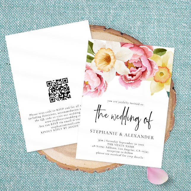 Elegant Vår Blommigt QR-koden Bröllop Inbjudningar (Skapare uppladdad)