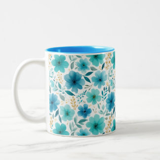 Elegant Vår blommor Blue Watercolor Blommigt Två-Tonad Mugg