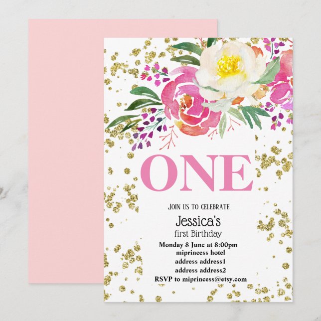 elegant, vår blommor rosa blommigt födelsedag inbjudningar (Fram/baksida)