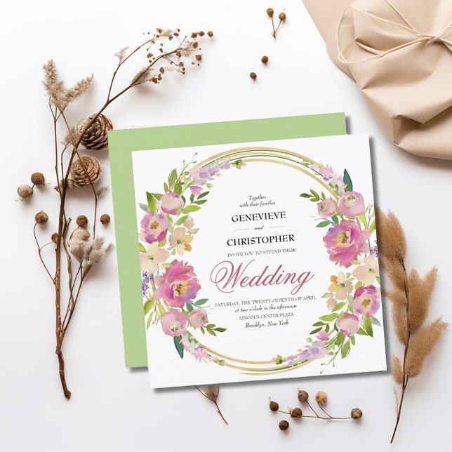 Elegant Vår Boho Blommigt Guld, Bröllop Inbjudningar (Elegant Spring Floral Boho Wildflowers Square Wedding Invitation)