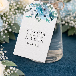 Elegant vår dammig blå vit blomsterbröllop presentetikett