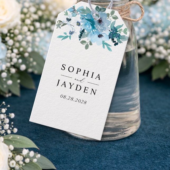 Elegant vår dammig blå vit blomsterbröllop presentetikett (Skapare uppladdad)