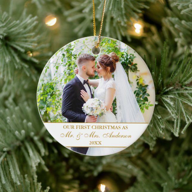 Elegant Vår första julfoto Vita Guld 2-foto Julgransprydnad Keramik (Träd)