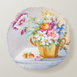 Elegant Vår Garden Flower Basket och jordgubbar Rund Kudde