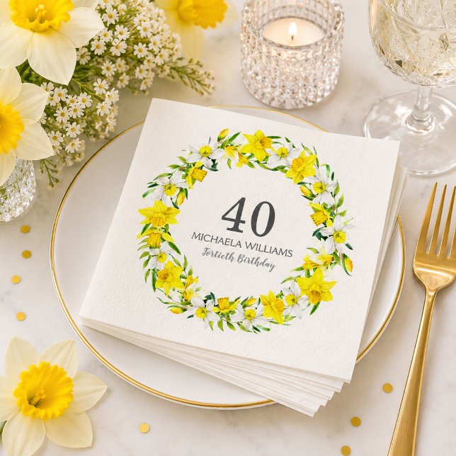 Elegant vår-narciss blomster 40-års födelsedagsfes pappersservett (Add name to customize.  See the collection for matching items)