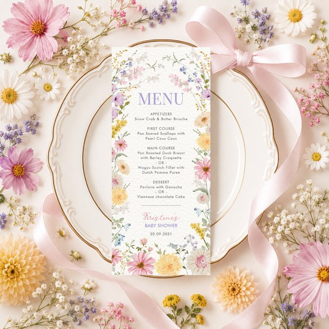 Elegant vår vildblomma baby shower meny kort (Skapare uppladdad)
