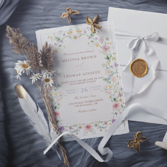 Elegant vår vildblomsäng QR-kod bröllop Inbjudningar (Skapare uppladdad)