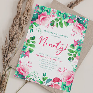 Elegant Vår Watercolor Blommigt 90 Birthday Inbjudningar