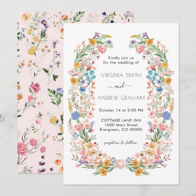 Elegant Vår Wildblomme Meadow Garden Wedding Inbjudningar (Fram/baksida)