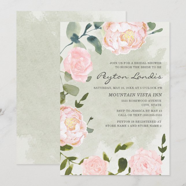Elegant vårblommig rosa bröllopsdusch inbjudningar (Fram/baksida)