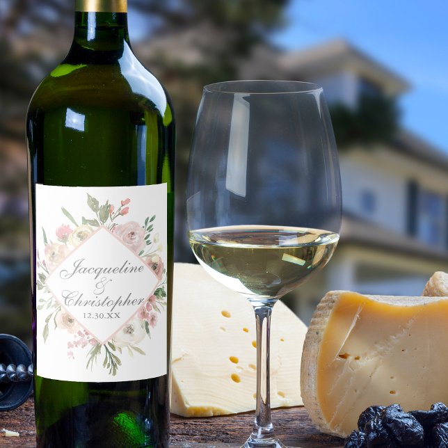 Elegant vårblomster Rosa Peony Bröllop Vinflaska Etikett (Skapare uppladdad)