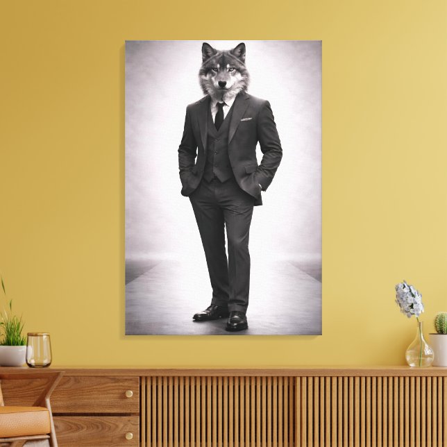 Elegant varg i klassisk kostymporträtt canvastryck (Insitu (Vardagsrum))