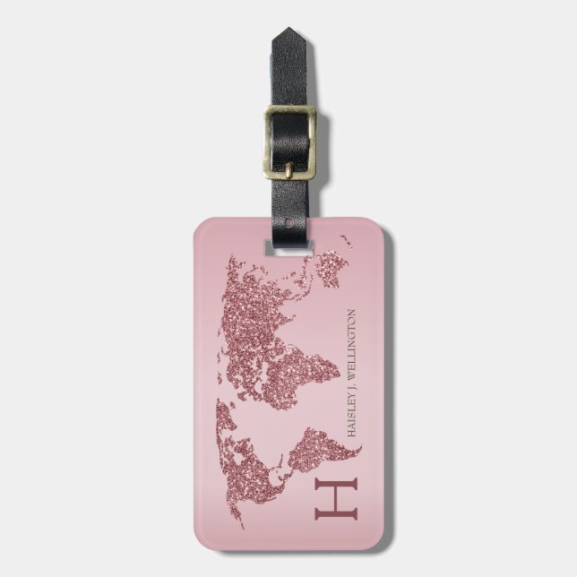 Elegant världskarta över Ro Guld Glitter Monogram  Bagagebricka (Vertikal Framsida)