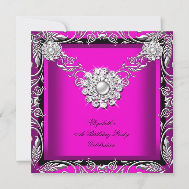 Elegant varmt rosa svart silver födelsedagsfest inbjudningar (Framsida)