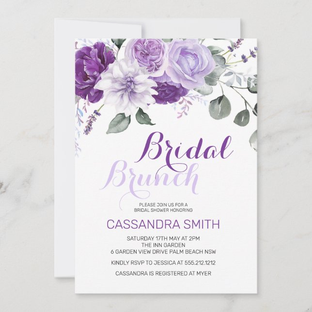 Elegant vårviolett blomsterbröllopsbrunchdusch inbjudningar (Framsida)