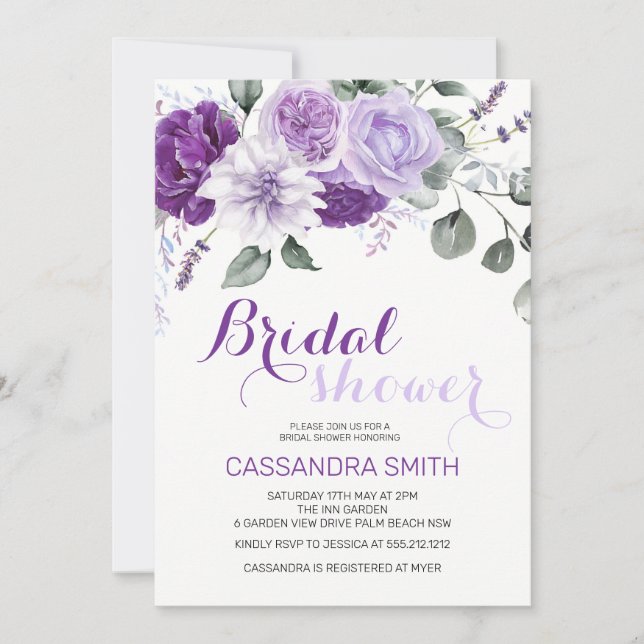 Elegant vårviolett blomsterbröllopsdusch inbjudningar (Framsida)