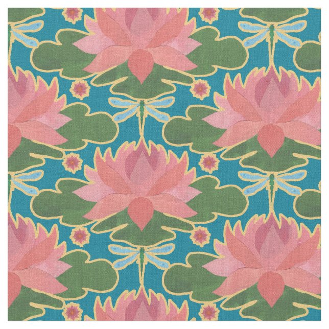 Elegant Vatten Lilies Dragonfly på Deep Blue Fabri Tyg (Närbild)