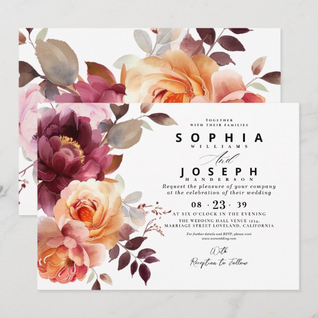 Elegant vattencolor Burgundy Bouquet Blommigt Bröl Inbjudningar (Fram/baksida)