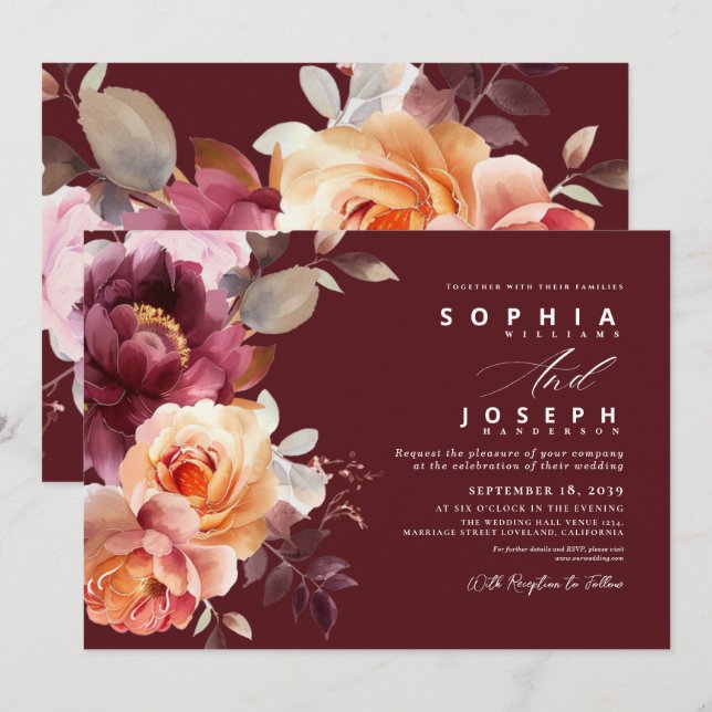 Elegant vattencolor Burgundy Bouquet Blommigt Bröl Inbjudningar (Fram/baksida)