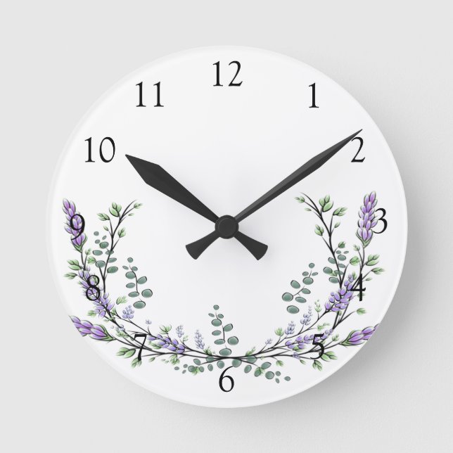 Elegant vattencolor Lavender och Eucalyptus Rund Klocka (Framsida)