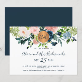 Elegant vattencolor navy blommigt bridesmaids brun inbjudningar
