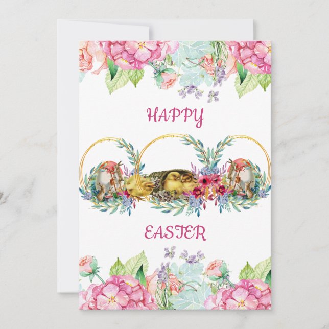 Elegant Vattenfärg Ägg Påsk Chick Blommigt  Utandn Julkort (Framsida)