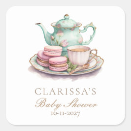 Elegant Vattenfärg Baby Shower Tea Party Fyrkantigt Klistermärke