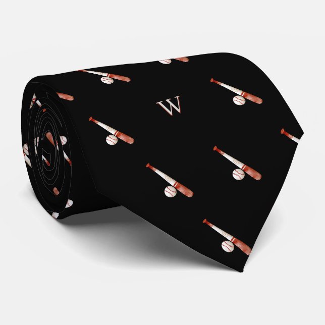 Elegant vattenfärg baseball monogram initial svart slips (Rullad)