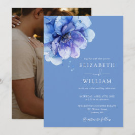 Elegant vattenfärg blå blomsterfoto bröllop inbjudningar