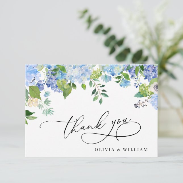 Elegant vattenfärg blå hortensia blomster tack kort (Stående Fram)