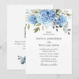 Elegant vattenfärg blå hortensia flora bröllop inbjudningar