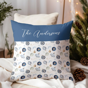 Elegant vattenfärg blå julgransprydnad ornament kudde
