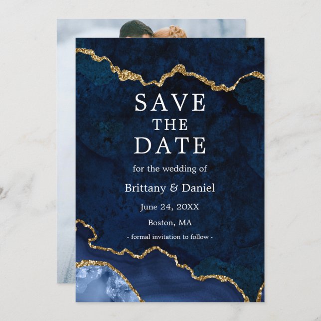 Elegant vattenfärg blå marmor agat geod foto spara datumet (Fram/baksida)