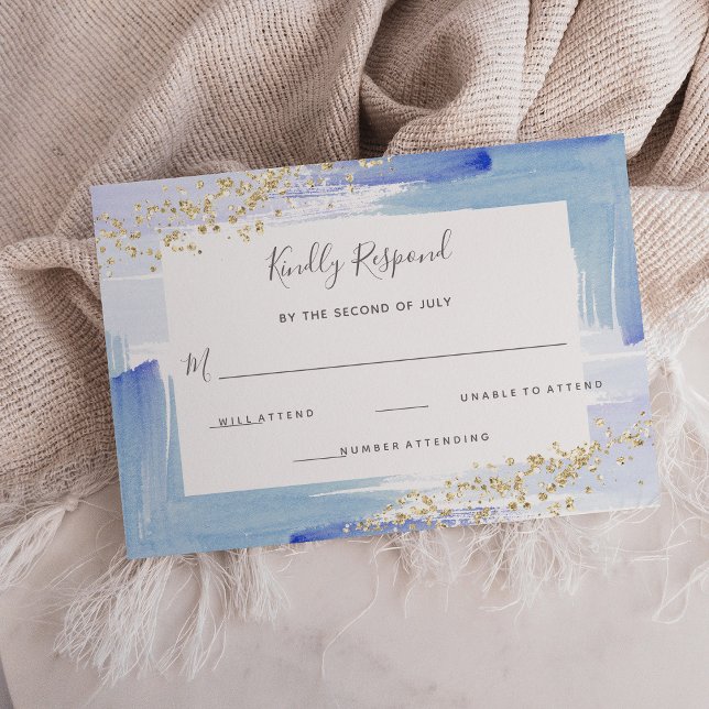 Elegant Vattenfärg blå och Guld Bat mitzvah OSA Kort (Skapare uppladdad)