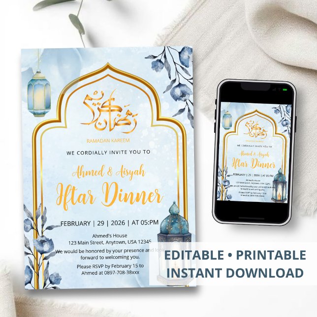 Elegant vattenfärg blå och guldlykta Iftar Inbjudningar (Skapare uppladdad)