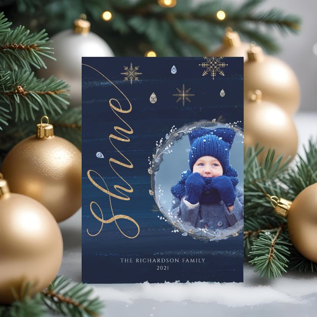 Elegant Vattenfärg Bläck och judar Fotoandning Julkort (Elegant Navy Watercolor Ink & Jewels Photo Wreath Holiday Card)