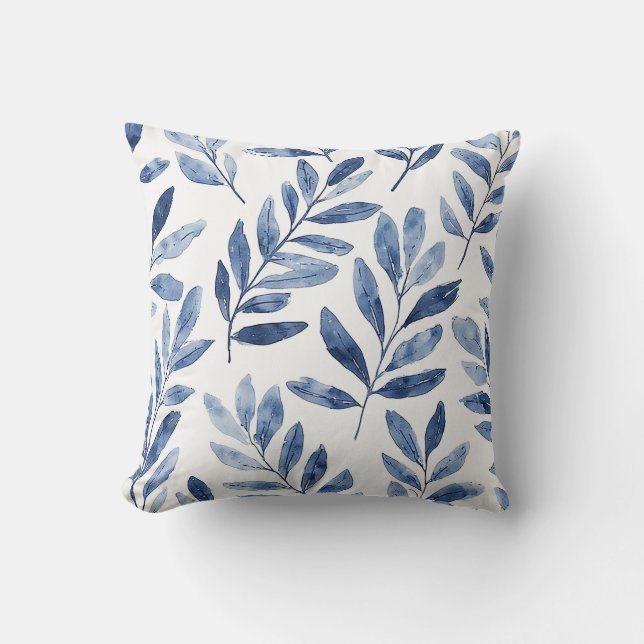 Elegant vattenfärg blad mönster indigo blå kudde (Framsida)