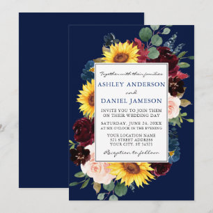 Elegant Vattenfärg Blandad Blommigt Ram Blå Bröllo Inbjudningar