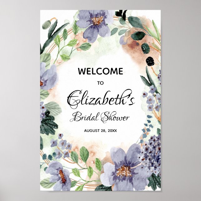 Elegant vattenfärg blombröllopsdusch skylt (Framsidan)