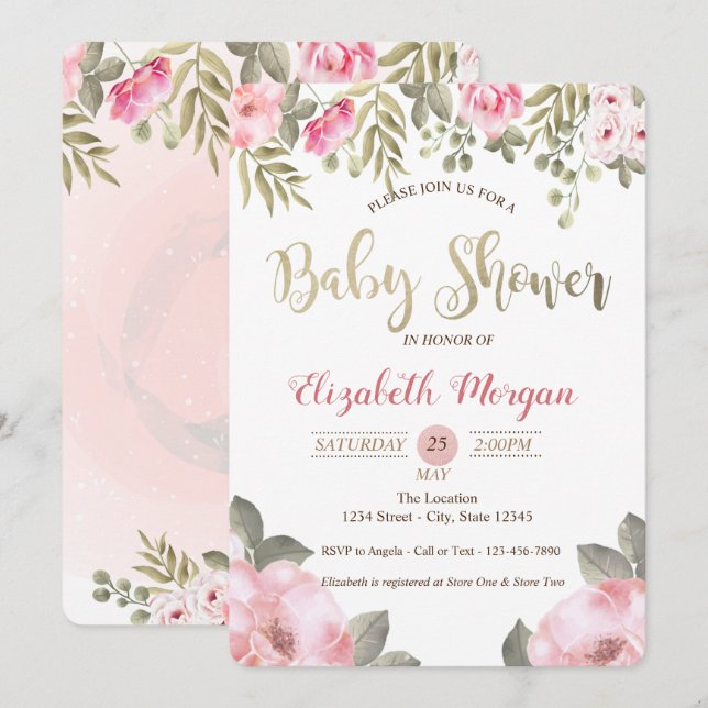 Elegant vattenfärg blommande baby shower inbjudan (Fram/baksida)