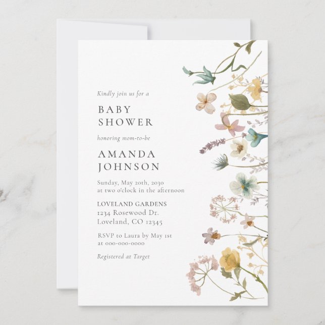 Elegant vattenfärg blommande baby shower inbjudan (Framsida)