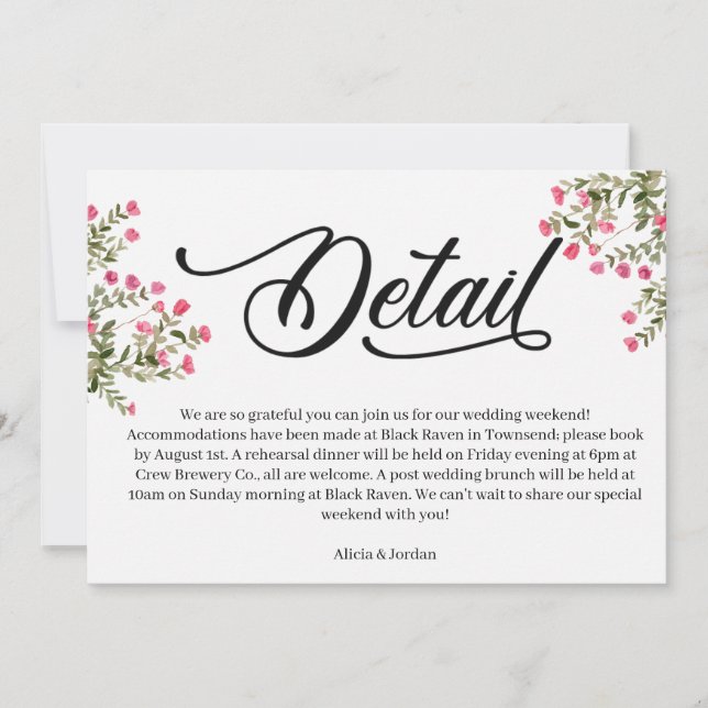 Elegant vattenfärg blommande bröllopsdetaljkort inbjudningar (Framsida)